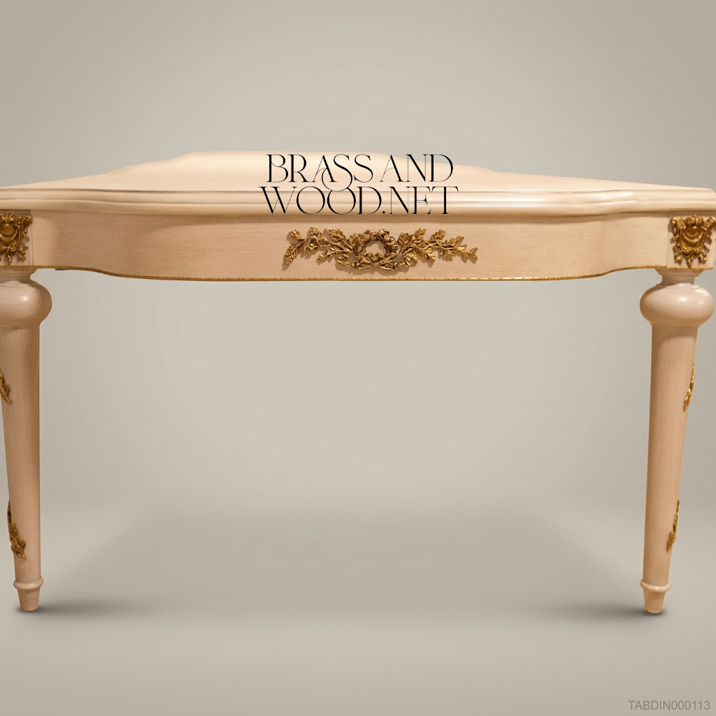 Brass & Wood Louis XVI Hand-Painted Ivory Dining Table