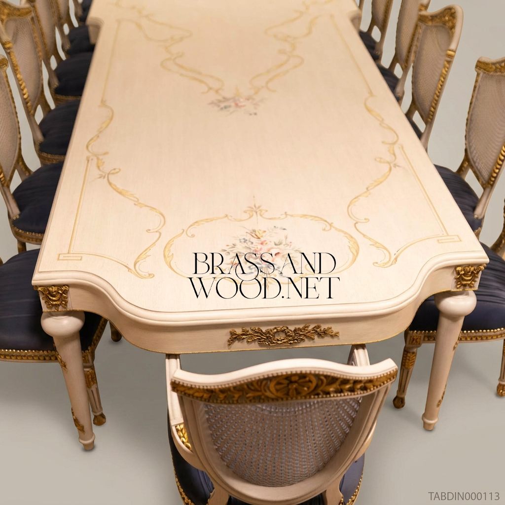 Brass & Wood Louis XVI Hand-Painted Ivory Dining Table