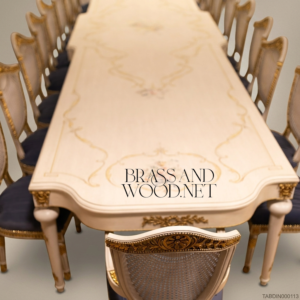 Brass & Wood Louis XVI Hand-Painted Ivory Dining Table