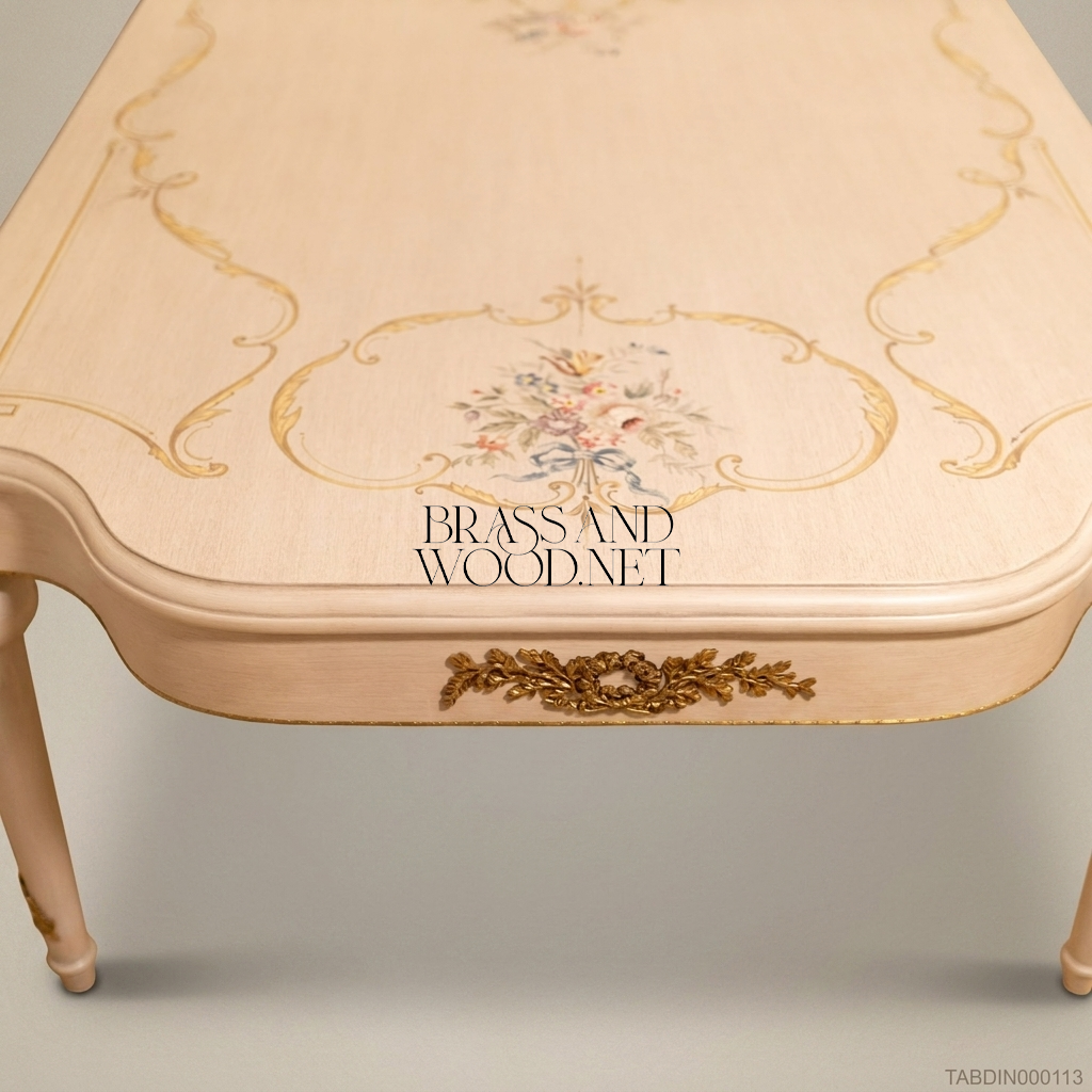 Brass & Wood Louis XVI Hand-Painted Ivory Dining Table