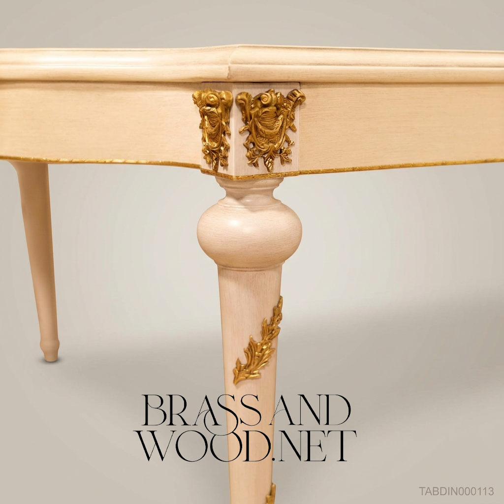 Brass & Wood Louis XVI Hand-Painted Ivory Dining Table