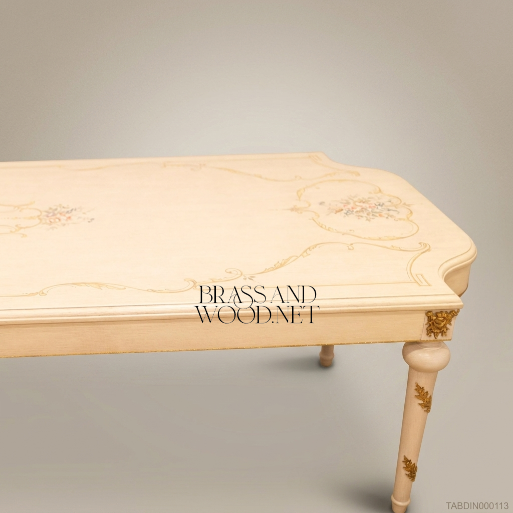 Brass & Wood Louis XVI Hand-Painted Ivory Dining Table