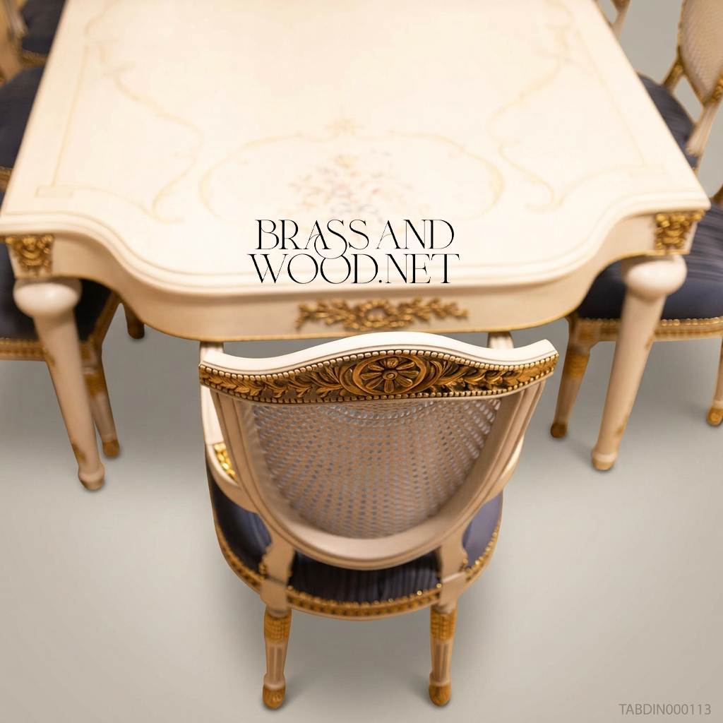 Brass & Wood Louis XVI Hand-Painted Ivory Dining Table