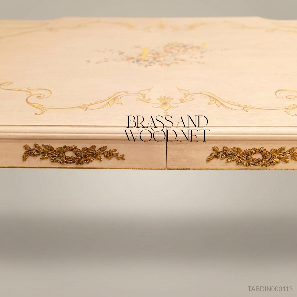 Brass & Wood Louis XVI Hand-Painted Ivory Dining Table