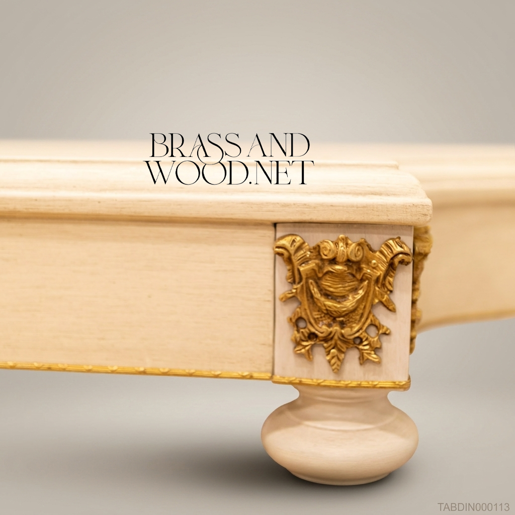 Brass & Wood Louis XVI Hand-Painted Ivory Dining Table