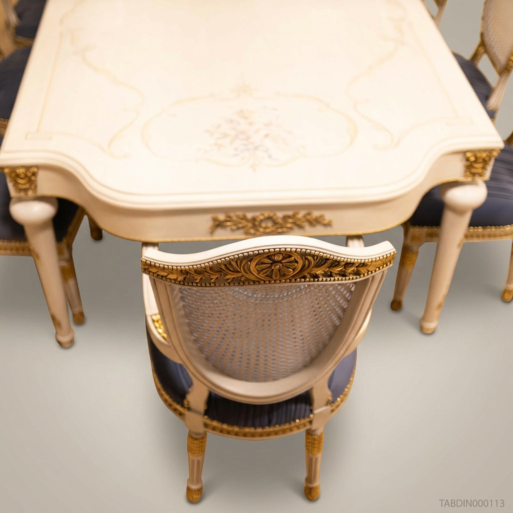 Brass & Wood Louis XVI Hand-Painted Ivory Dining Table