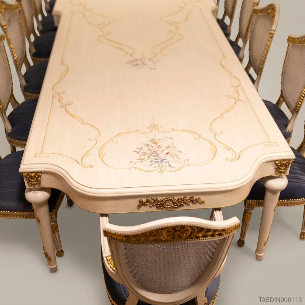 Brass & Wood Louis XVI Hand-Painted Ivory Dining Table — 6 Persons