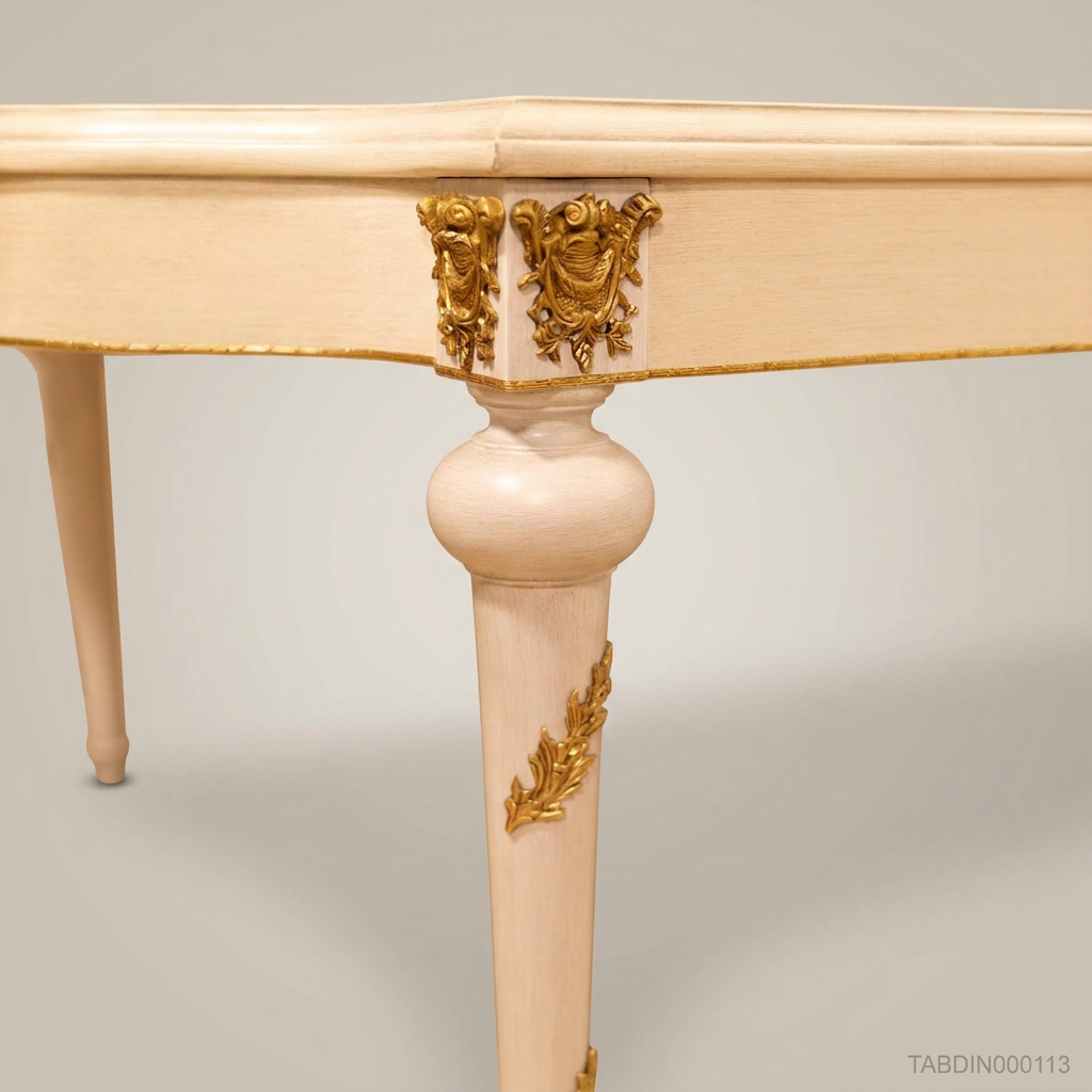 Brass & Wood Louis XVI Hand-Painted Ivory Dining Table — 6 Persons