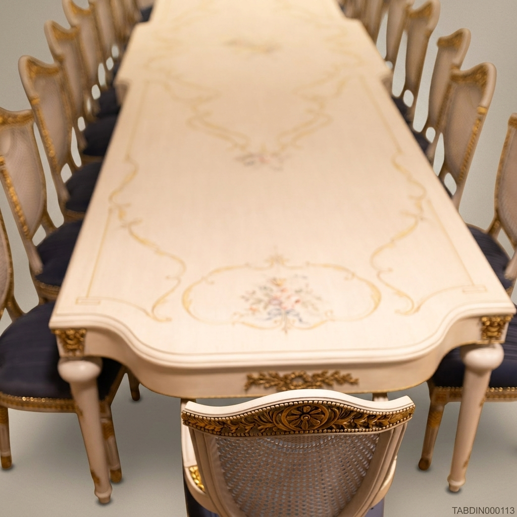 Brass & Wood Louis XVI Hand-Painted Ivory Dining Table — 8 Persons