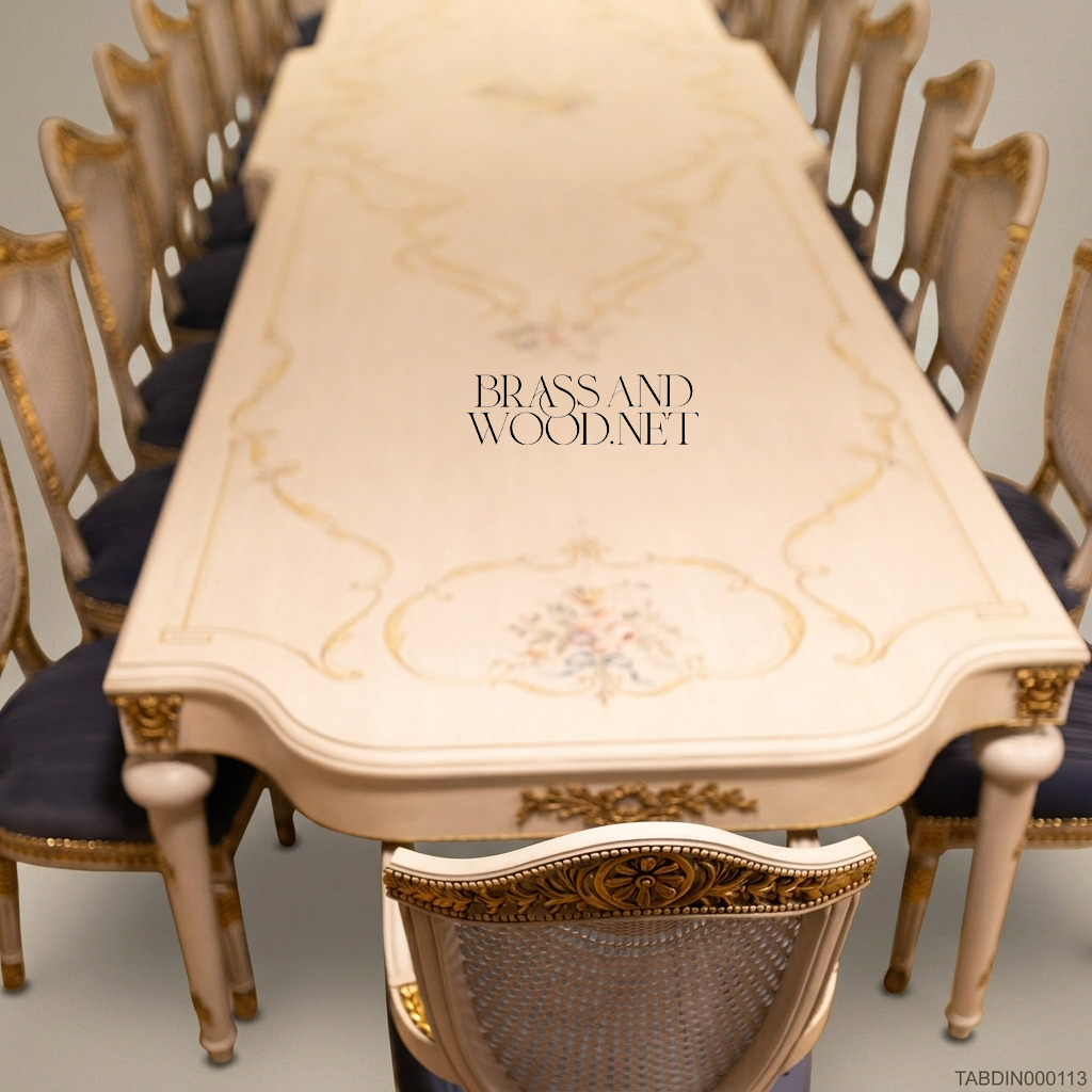 Louis XVI Floral Painted Dining Suite with Gilt Accents