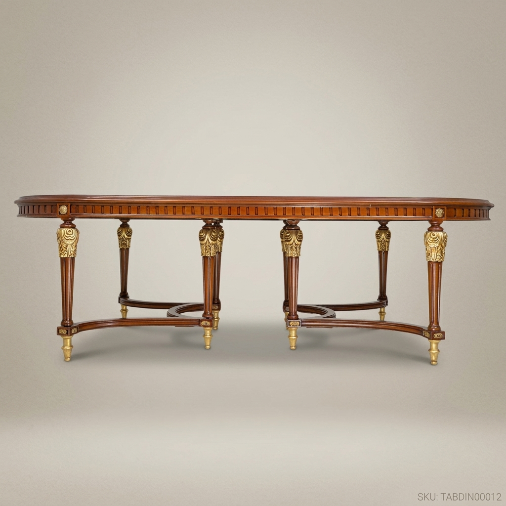 Brass & Wood Louis XVI Oval Dining Table with Gilt Brass Mounts