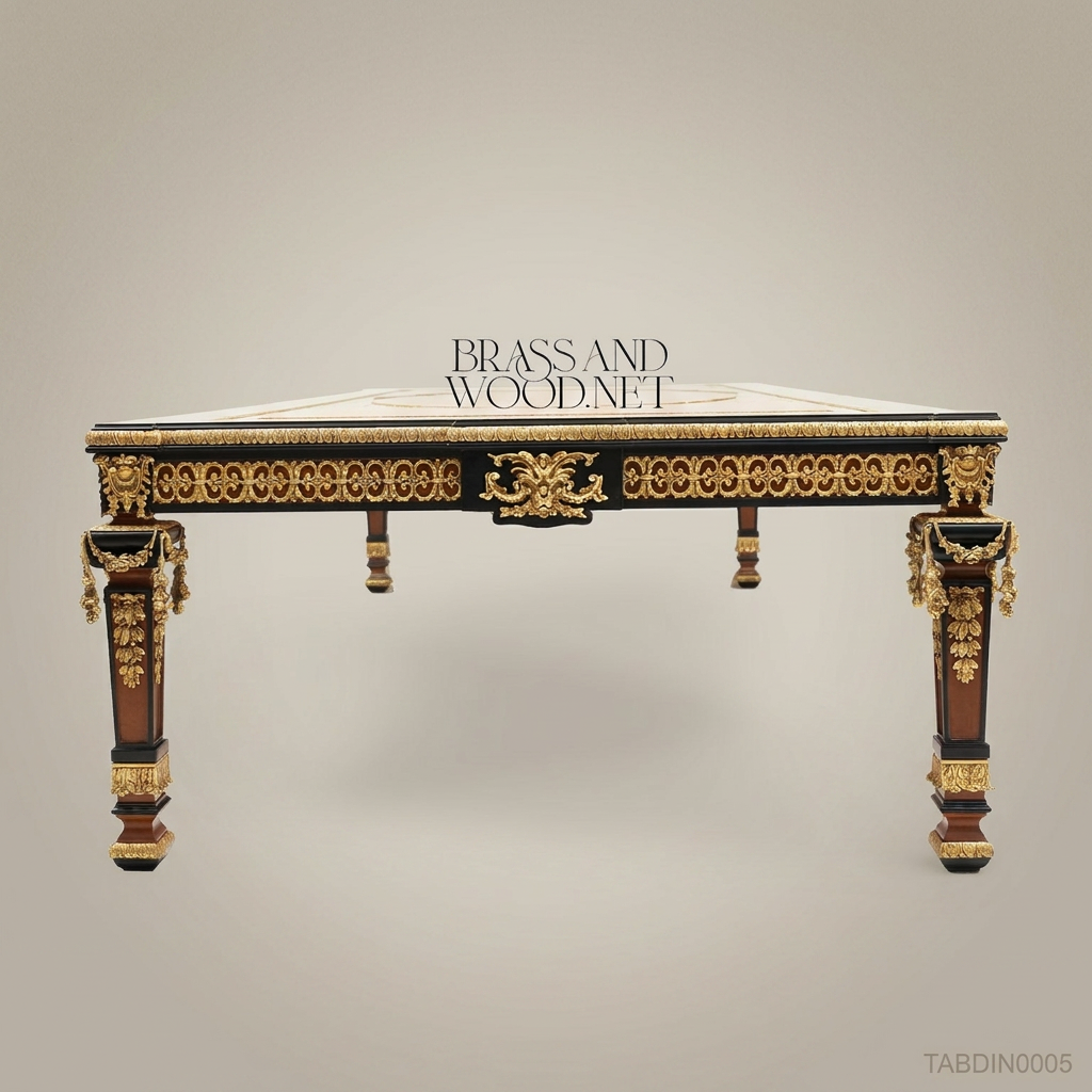 Brass & Wood Empire Marquetry Gilt-Bronze Dining Table