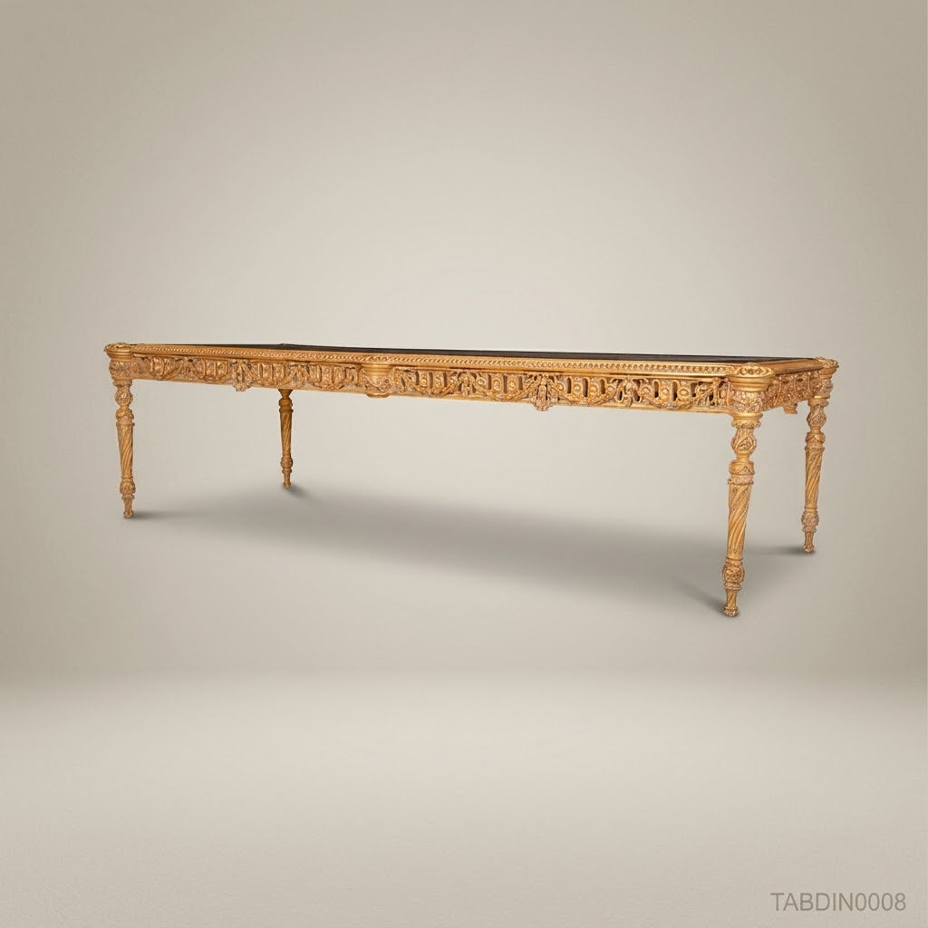 Brass & Wood Neoclassical Gilded Marquetry Dining Table