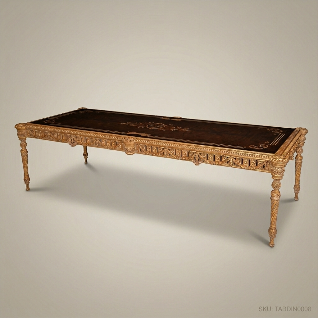 Brass & Wood Neoclassical Gilded Marquetry Dining Table