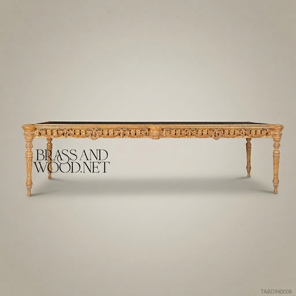 Brass & Wood Neoclassical Gilded Marquetry Dining Table — 22 Persons