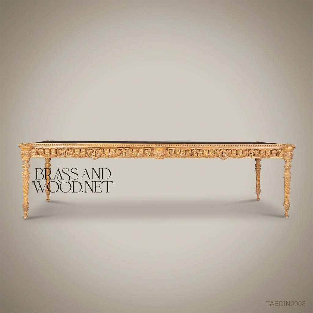 Brass & Wood Neoclassical Gilded Marquetry Dining Table — 24 Persons