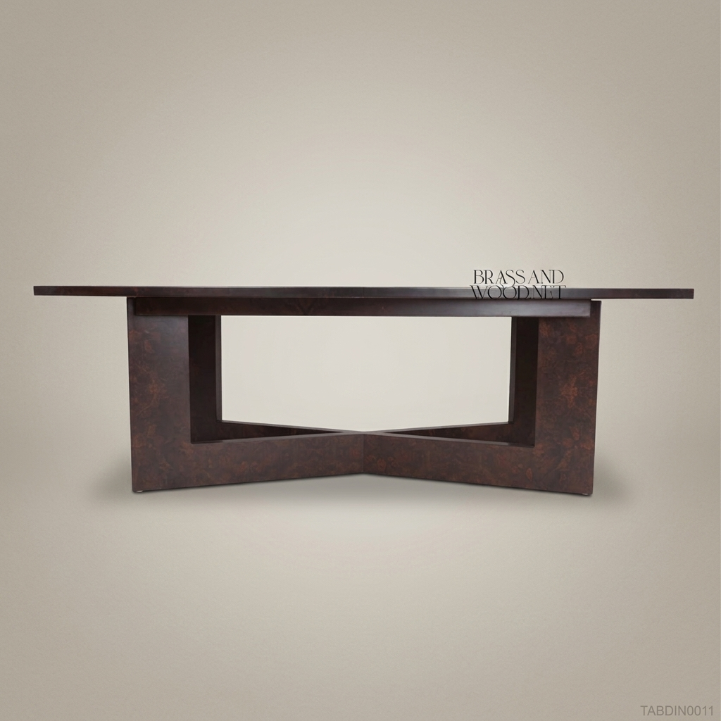 Brass & Wood Marquetry Art Dining Table — 10 Persons