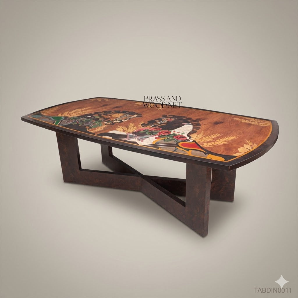 Brass & Wood Marquetry Art Dining Table — 12 Persons
