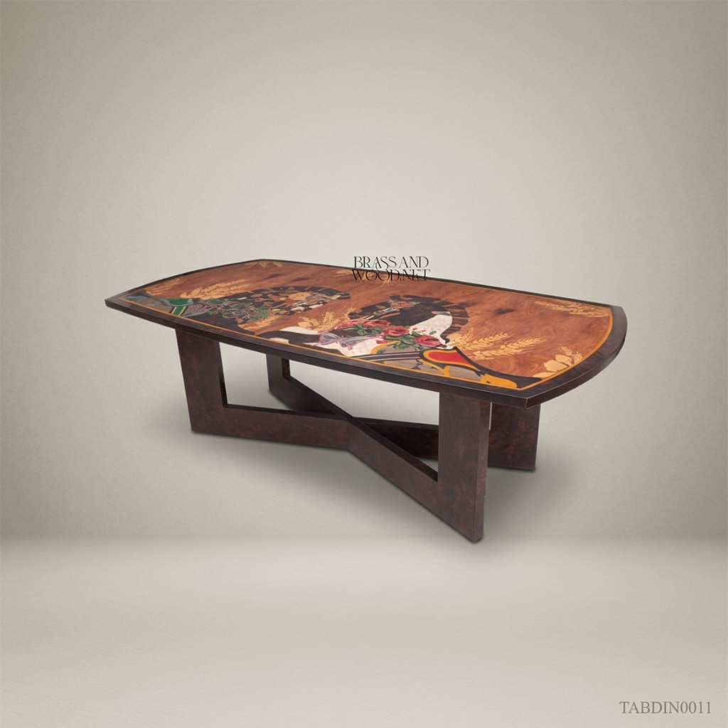 Brass & Wood Marquetry Art Dining Table — 26 Persons