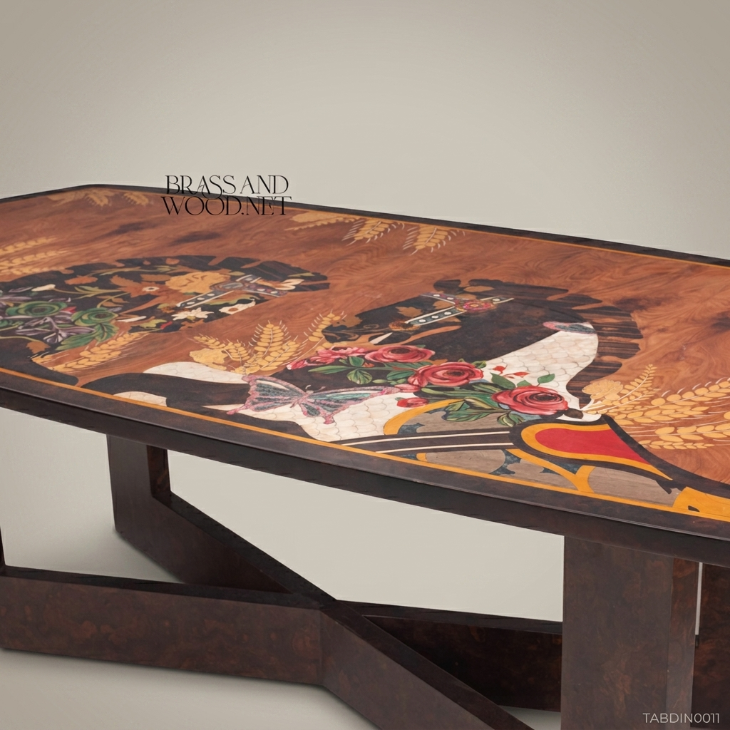 Brass & Wood Marquetry Art Dining Table — 30 Persons