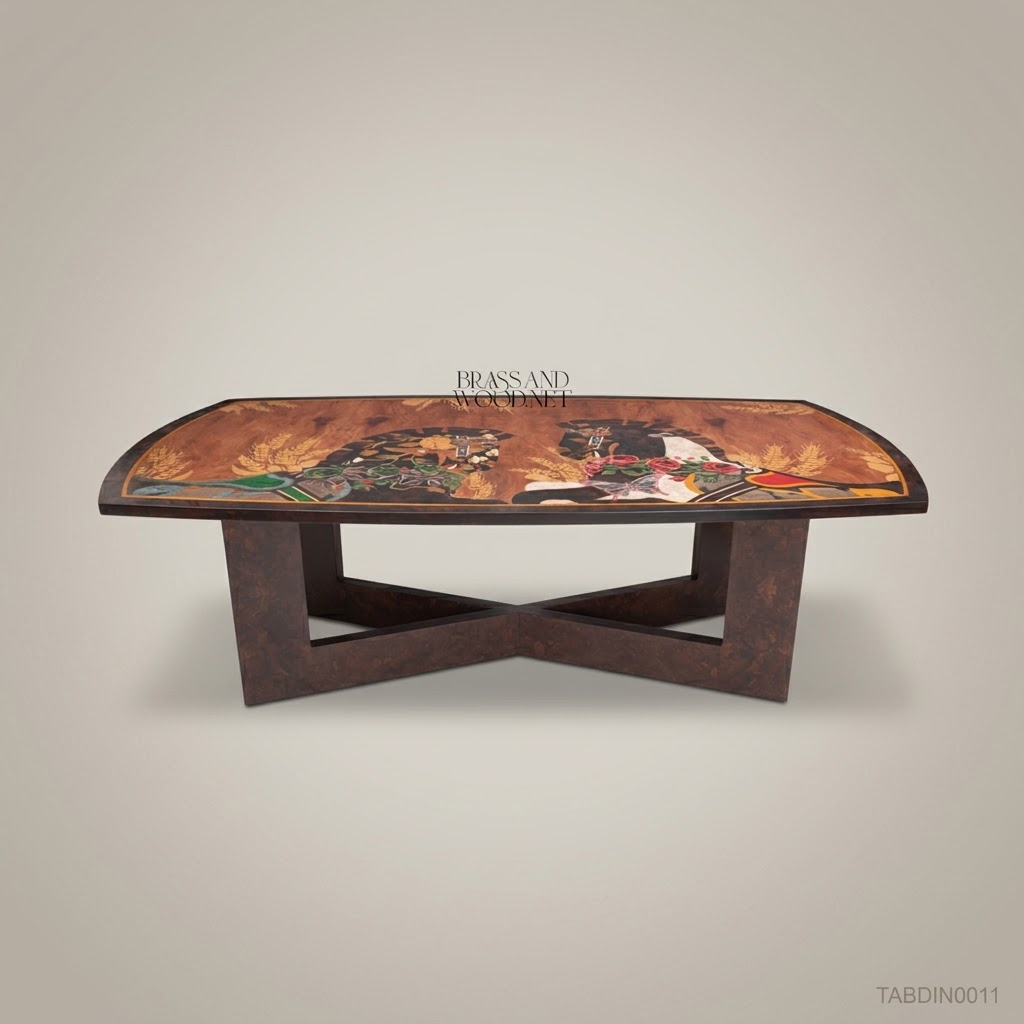Brass & Wood Marquetry Art Dining Table — 6 Persons