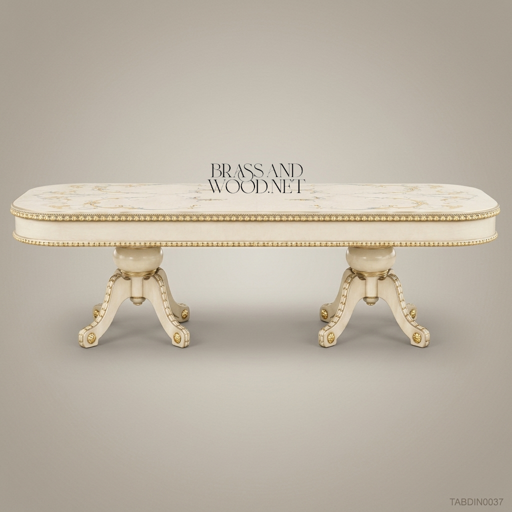 Brass & Wood Neoclassical Ivory & Gold Pedestal Dining Table — 10 Persons