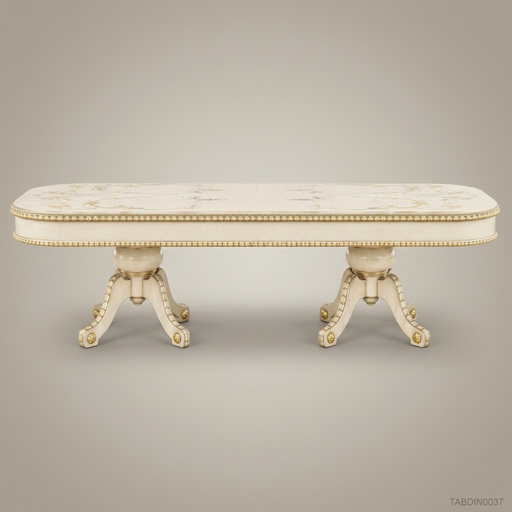 Brass & Wood Neoclassical Ivory & Gold Pedestal Dining Table — 14 Persons