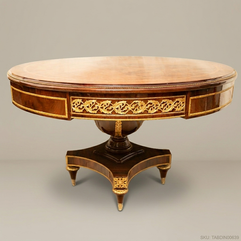 Brass & Wood Empire Round Pedestal Dining Table — 26 Persons
