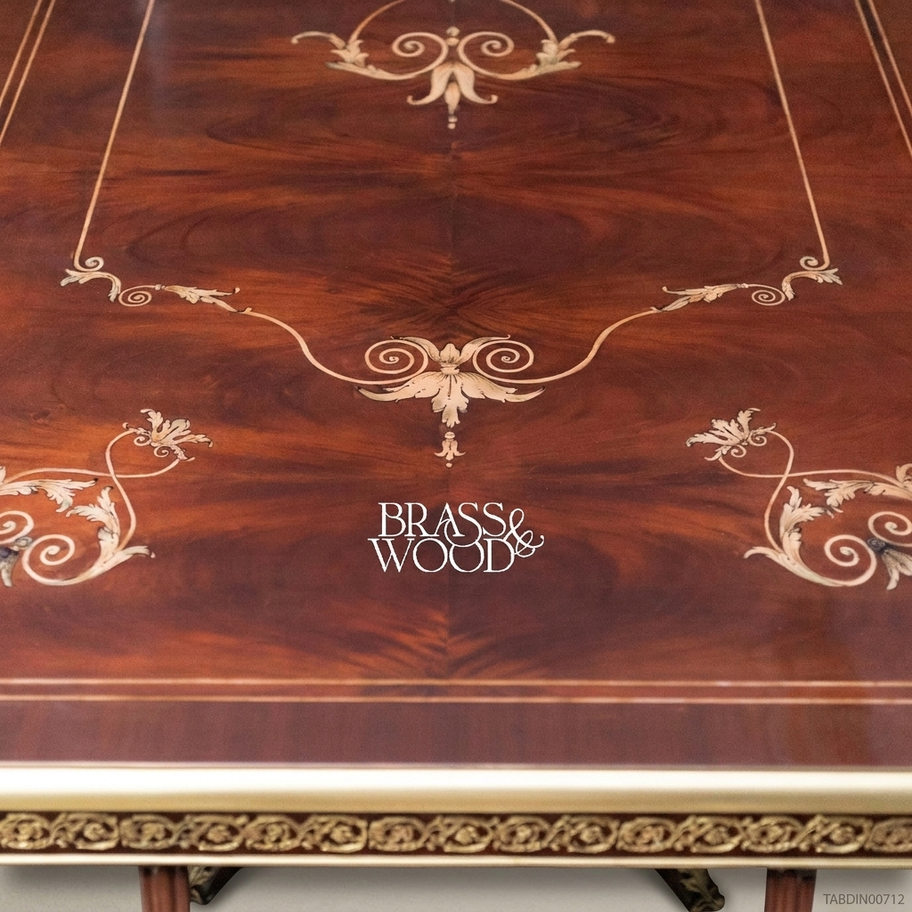Brass & Wood Empire Marquetry Dining Table — 18 Persons