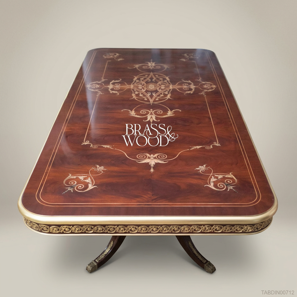 Brass & Wood Empire Marquetry Dining Table — 30 Persons