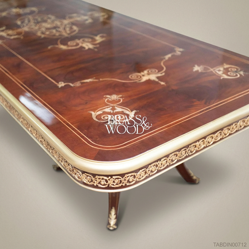 Brass & Wood Empire Marquetry Dining Table — 6 Persons