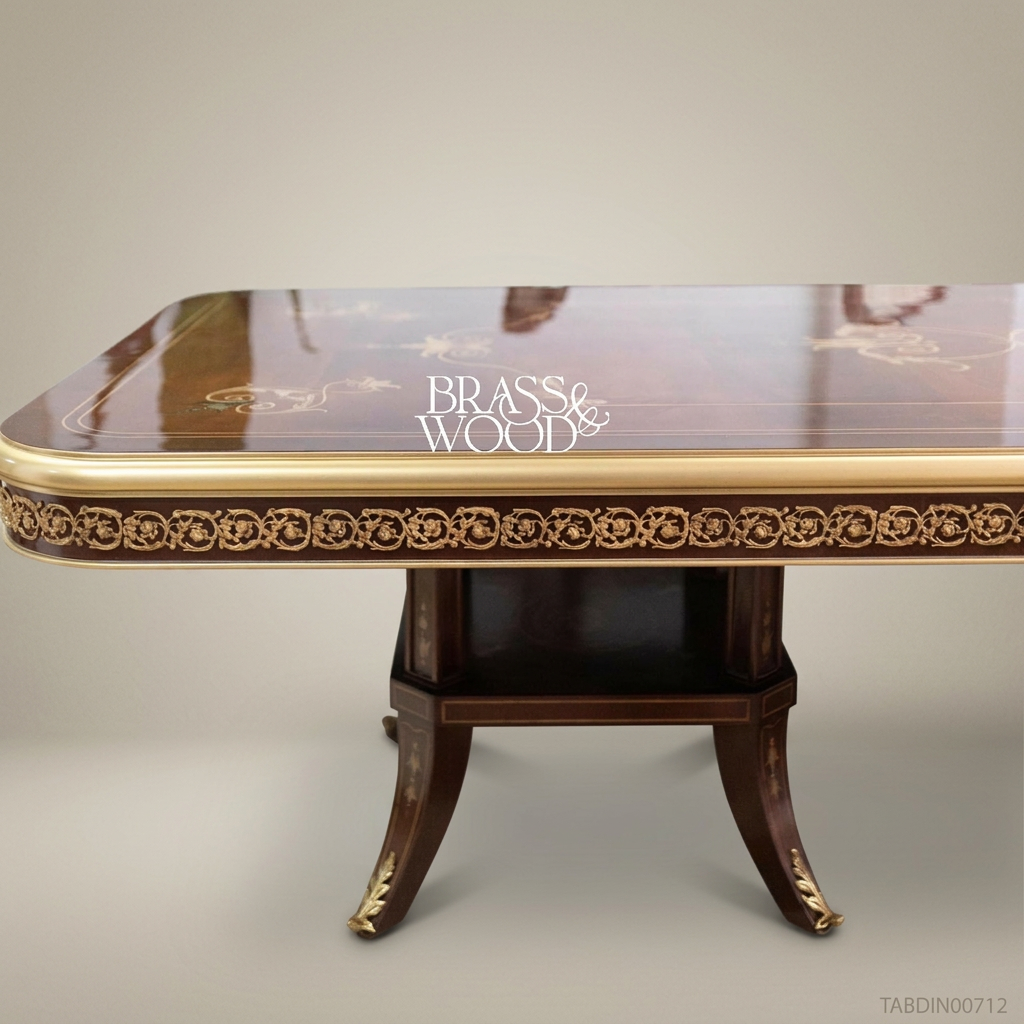 Brass & Wood Empire Marquetry Dining Table — 6 Persons