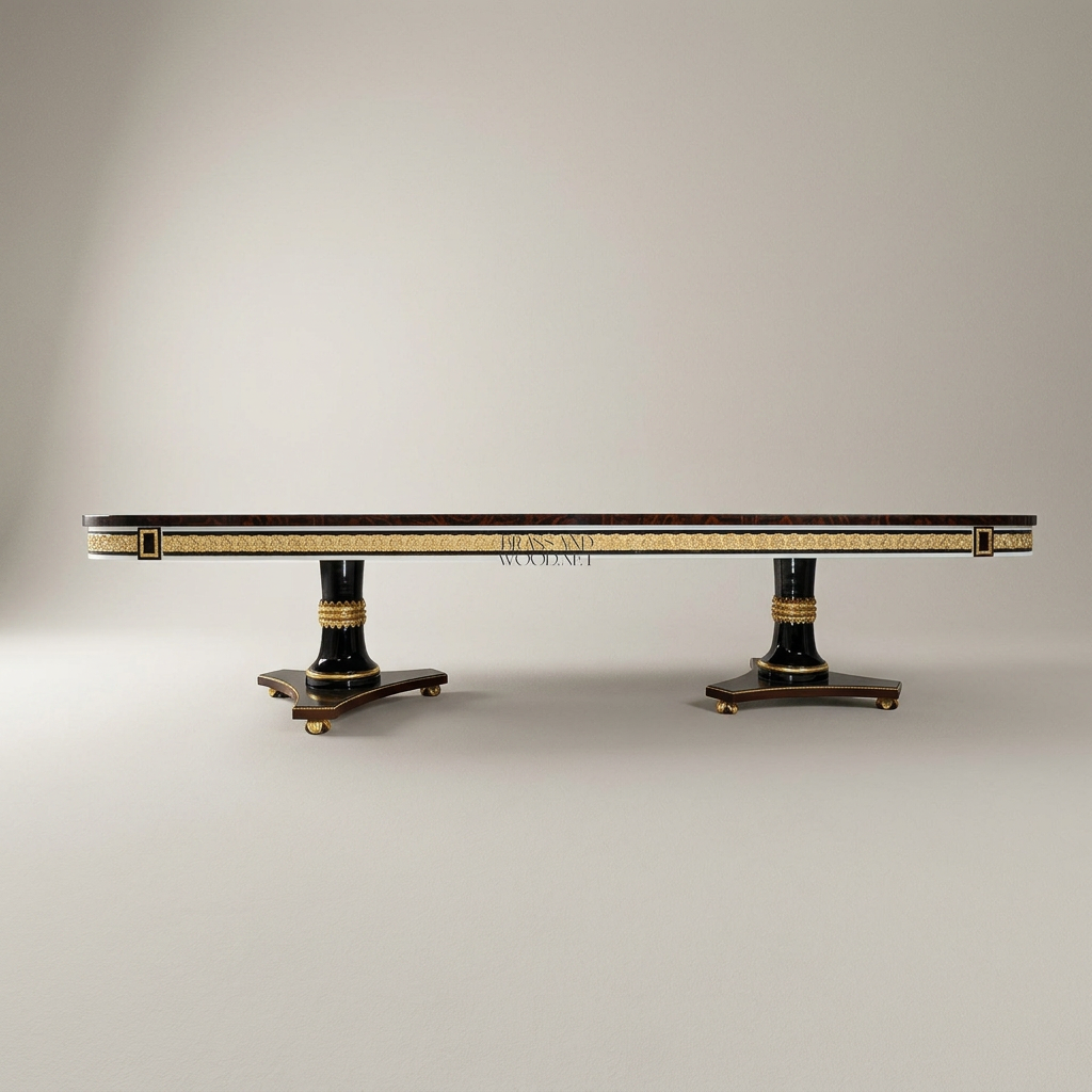Brass & Wood Empire Dual-Pedestal Dining Table — 22 Persons