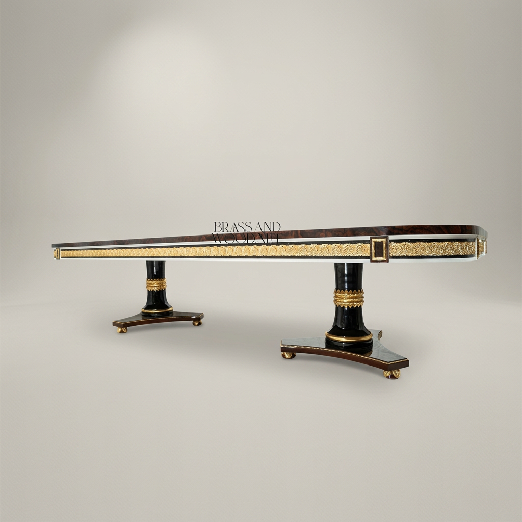Brass & Wood Empire Dual-Pedestal Dining Table — 6 Persons