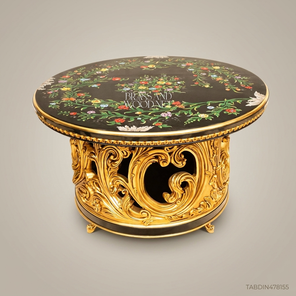 Brass & Wood Baroque Round Dining Table with Hand-Painted Black Floral Top