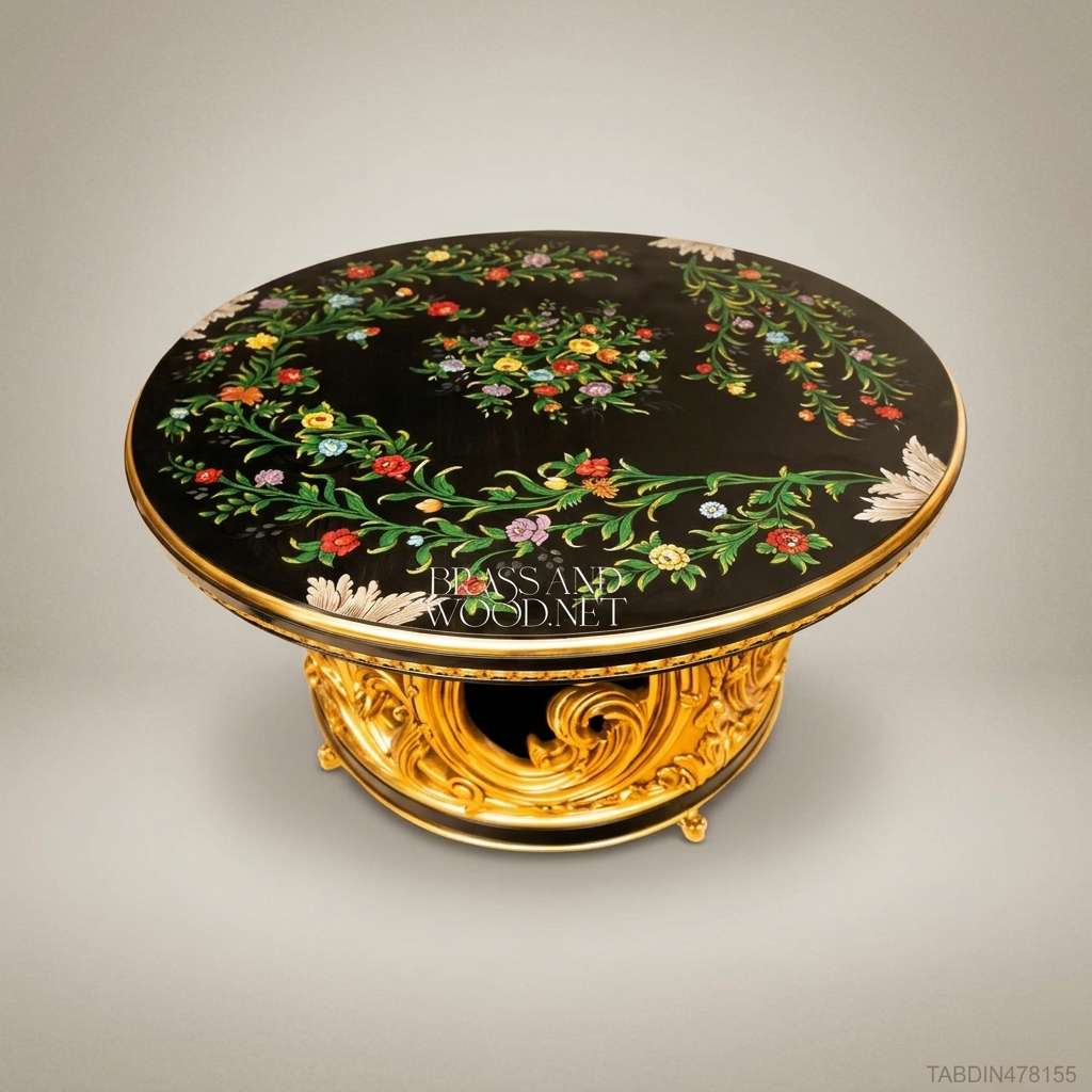 Brass & Wood Baroque Round Dining Table with Hand-Painted Black Floral Top