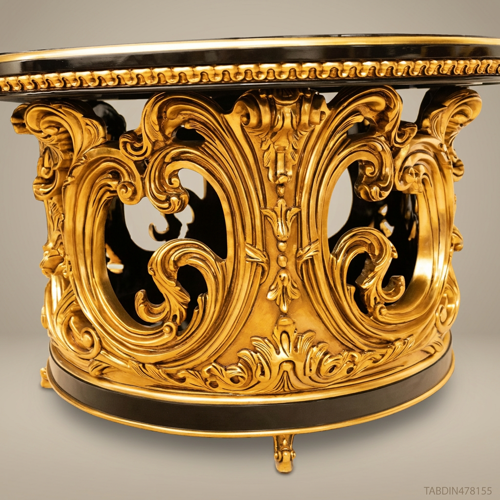 Brass & Wood Baroque Round Dining Table with Hand-Painted Black Floral Top