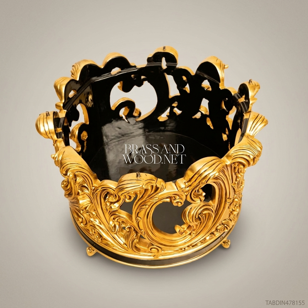 Brass & Wood Baroque Round Dining Table with Hand-Painted Black Floral Top