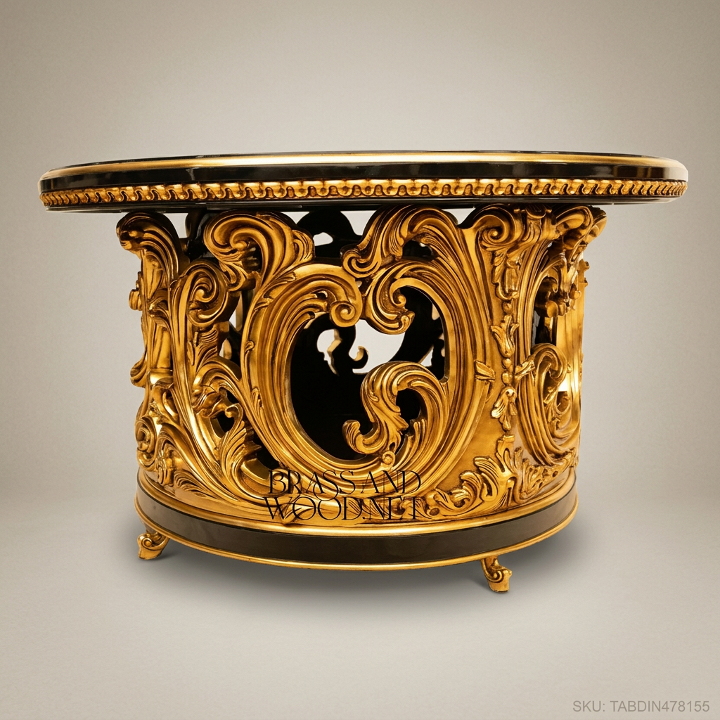 Brass & Wood Baroque Round Dining Table with Hand-Painted Black Floral Top