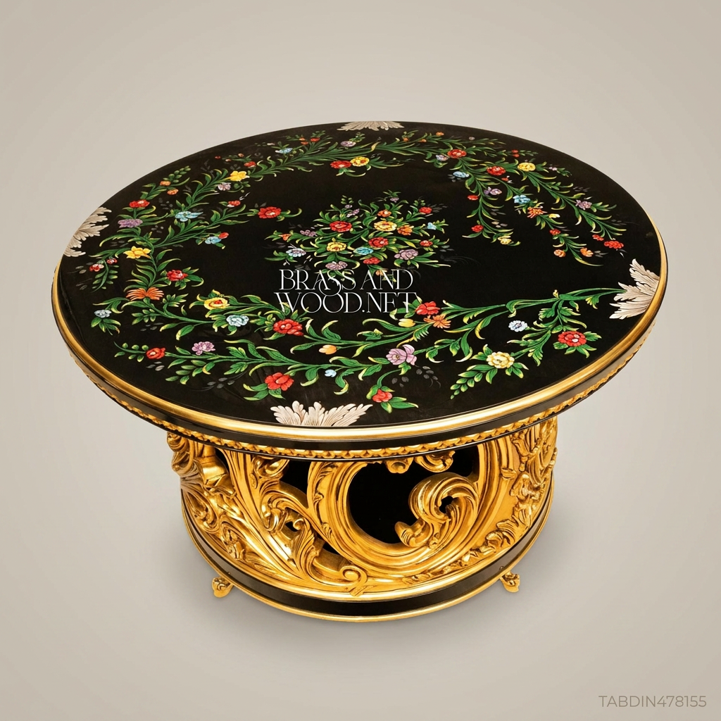 Brass & Wood Baroque Round Dining Table with Hand-Painted Black Floral Top — 22 Persons