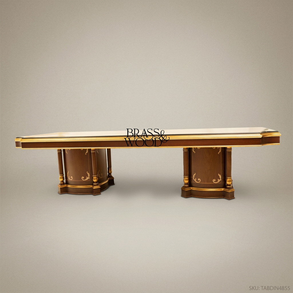 Brass & Wood Empire Inlaid Solid Wood Rectangular Dining Table — 28 Persons
