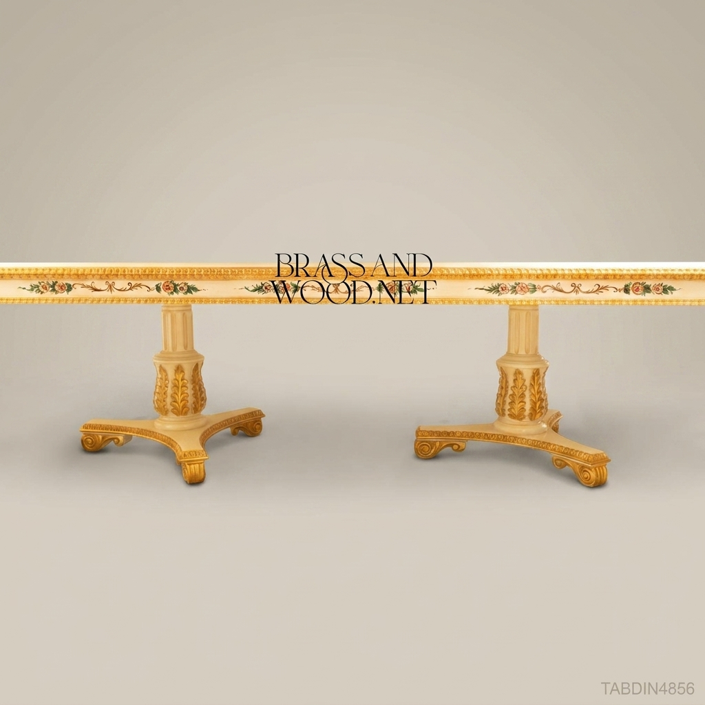 Brass & Wood Empire Hand-Painted Ivory & Gold Dining Table