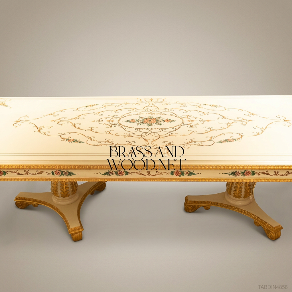 Brass & Wood Empire Hand-Painted Ivory & Gold Dining Table — 6 Persons