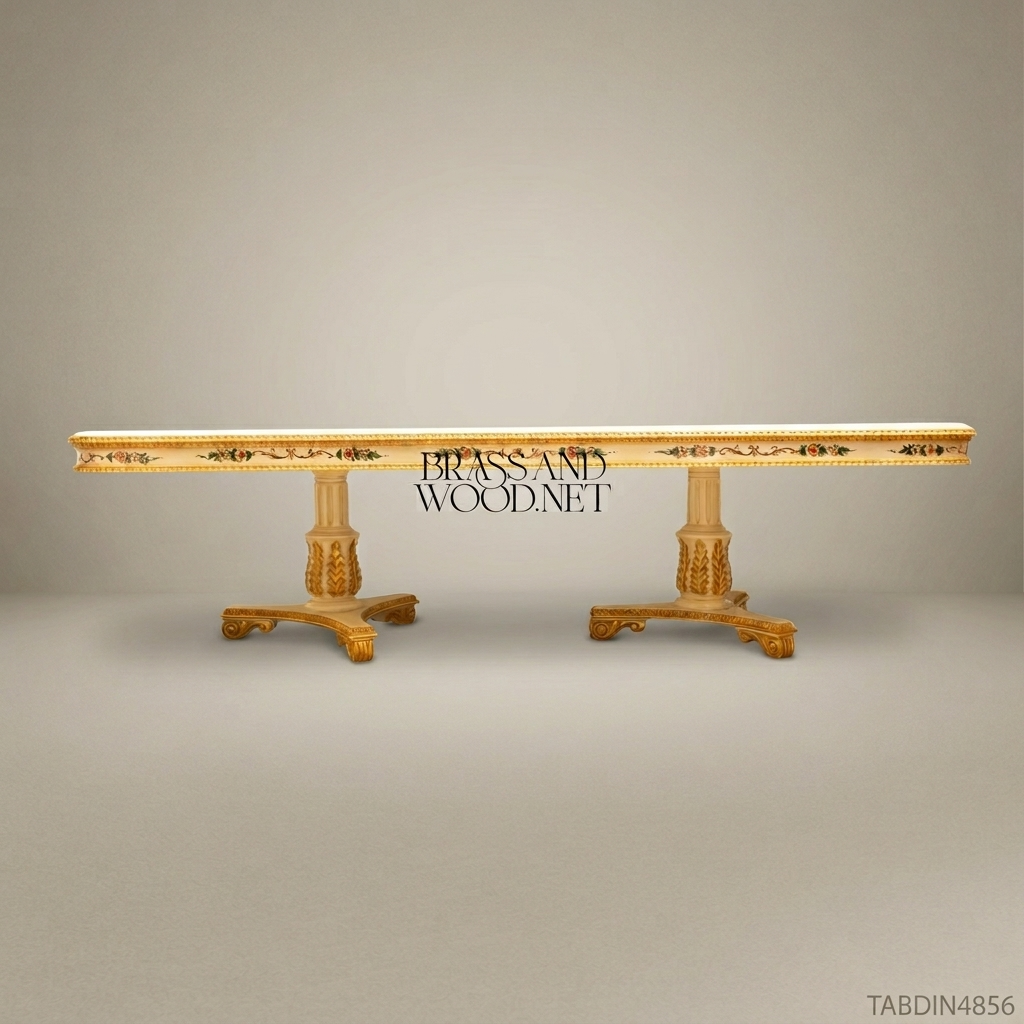 Brass & Wood Empire Hand-Painted Ivory & Gold Dining Table — 6 Persons