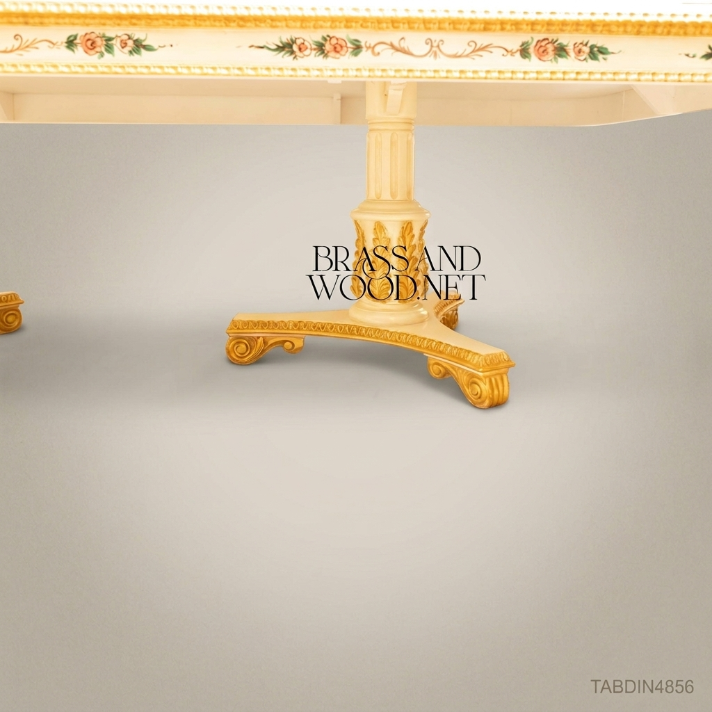 Brass & Wood Empire Hand-Painted Ivory & Gold Dining Table — 6 Persons