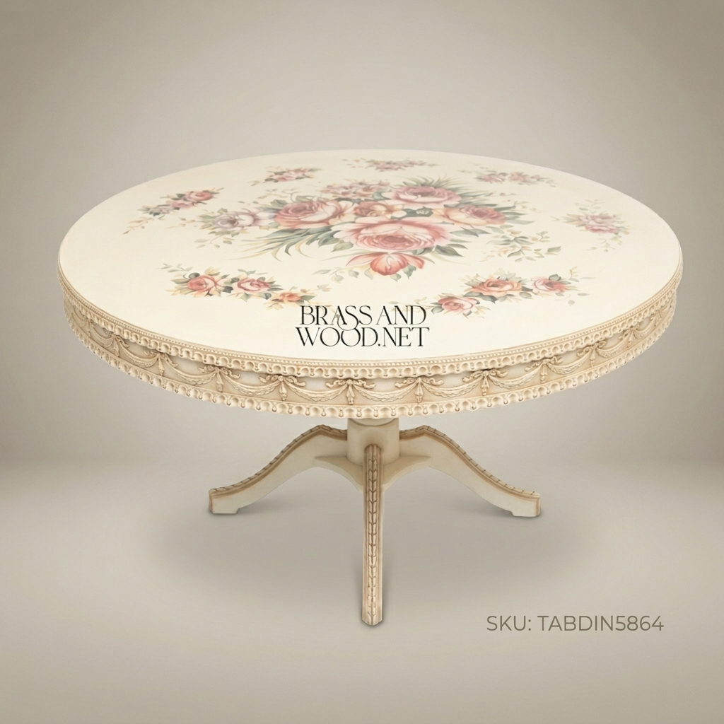 Ivory Floral Round Dining Table — 8 Persons