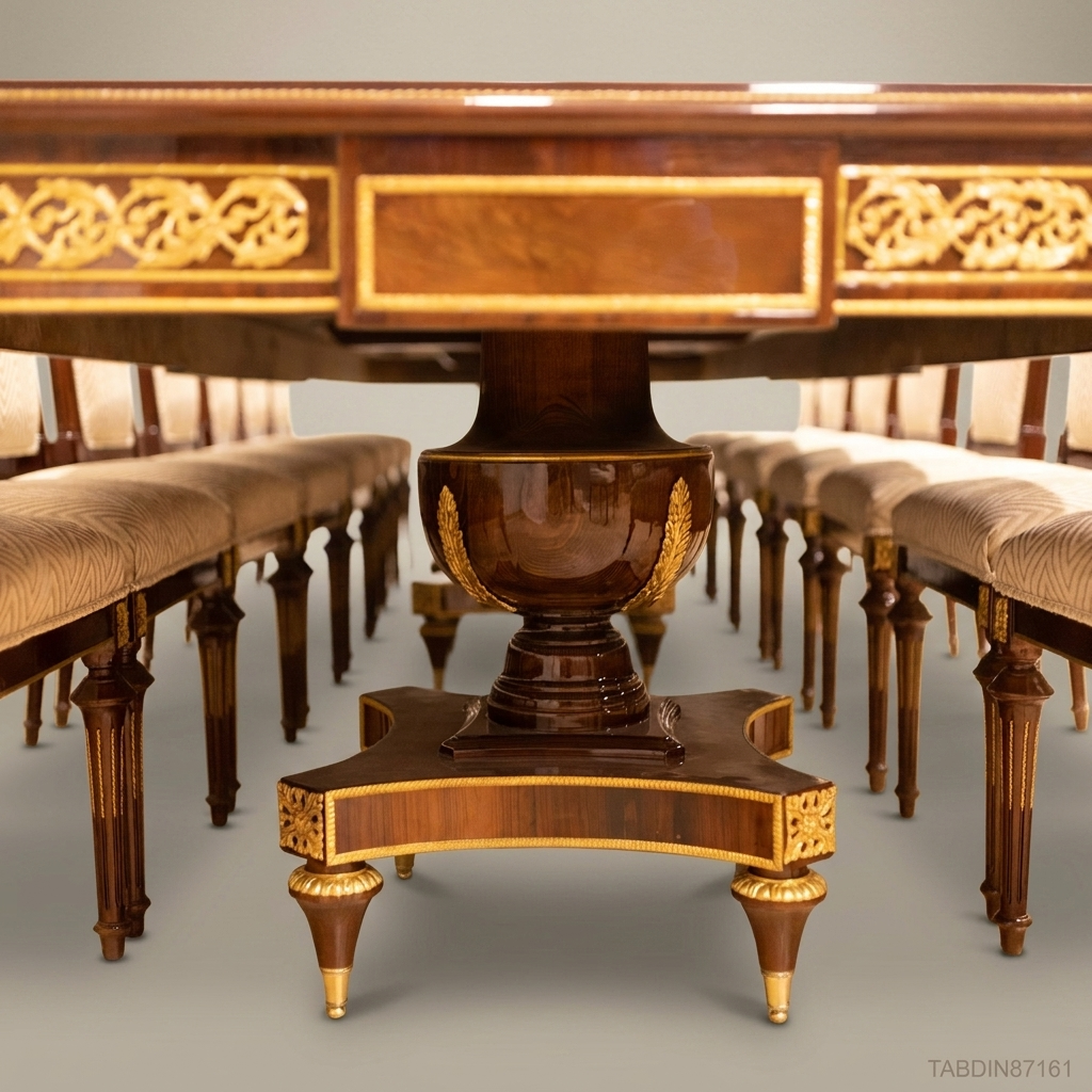 Brass & Wood Empire Burr Wood Dining Table with Gilt Bronze Mounts