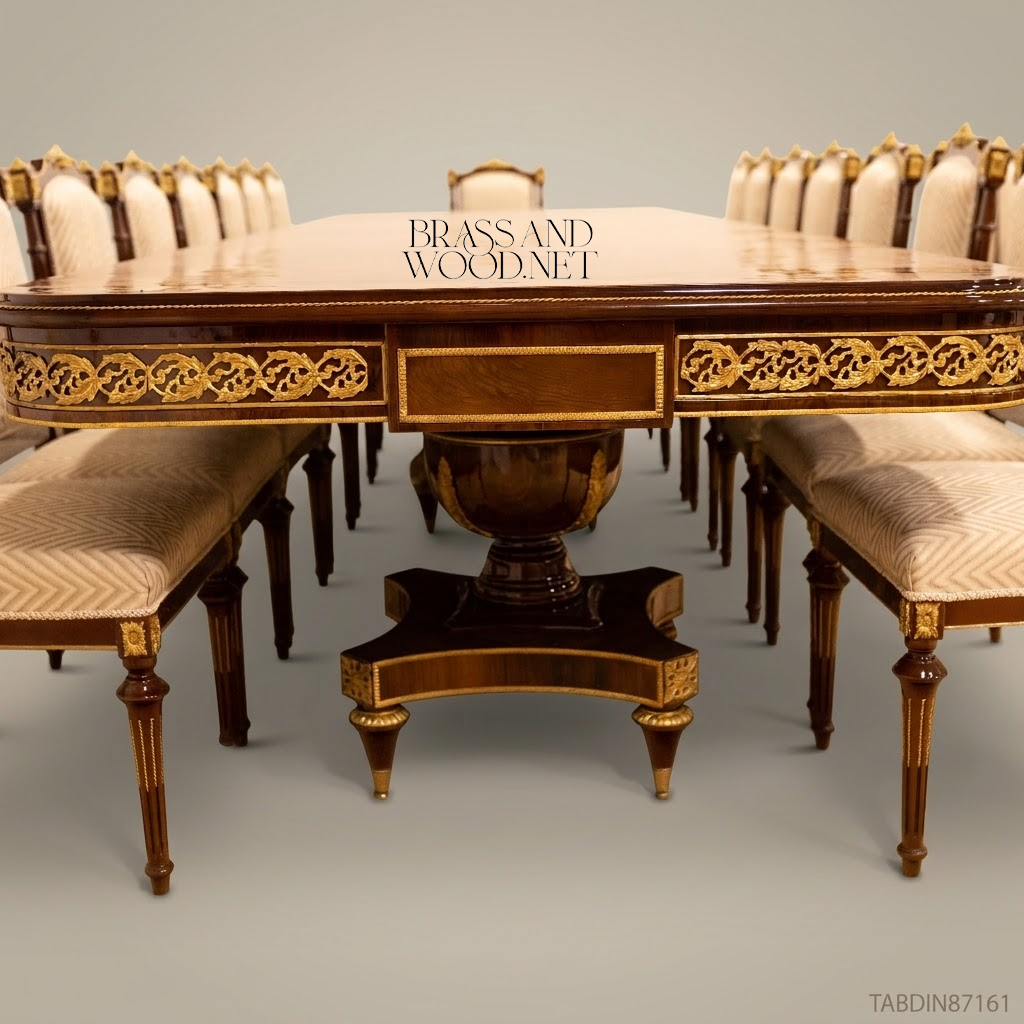 Brass & Wood Neoclassical Carved Wood Dining Table — 6 Persons