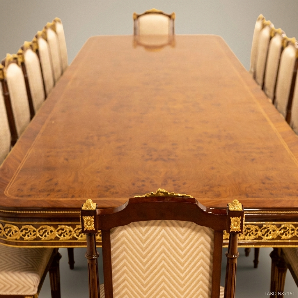 Brass & Wood Empire Burr Wood Dining Table with Gilt Bronze Mounts — 18 Persons