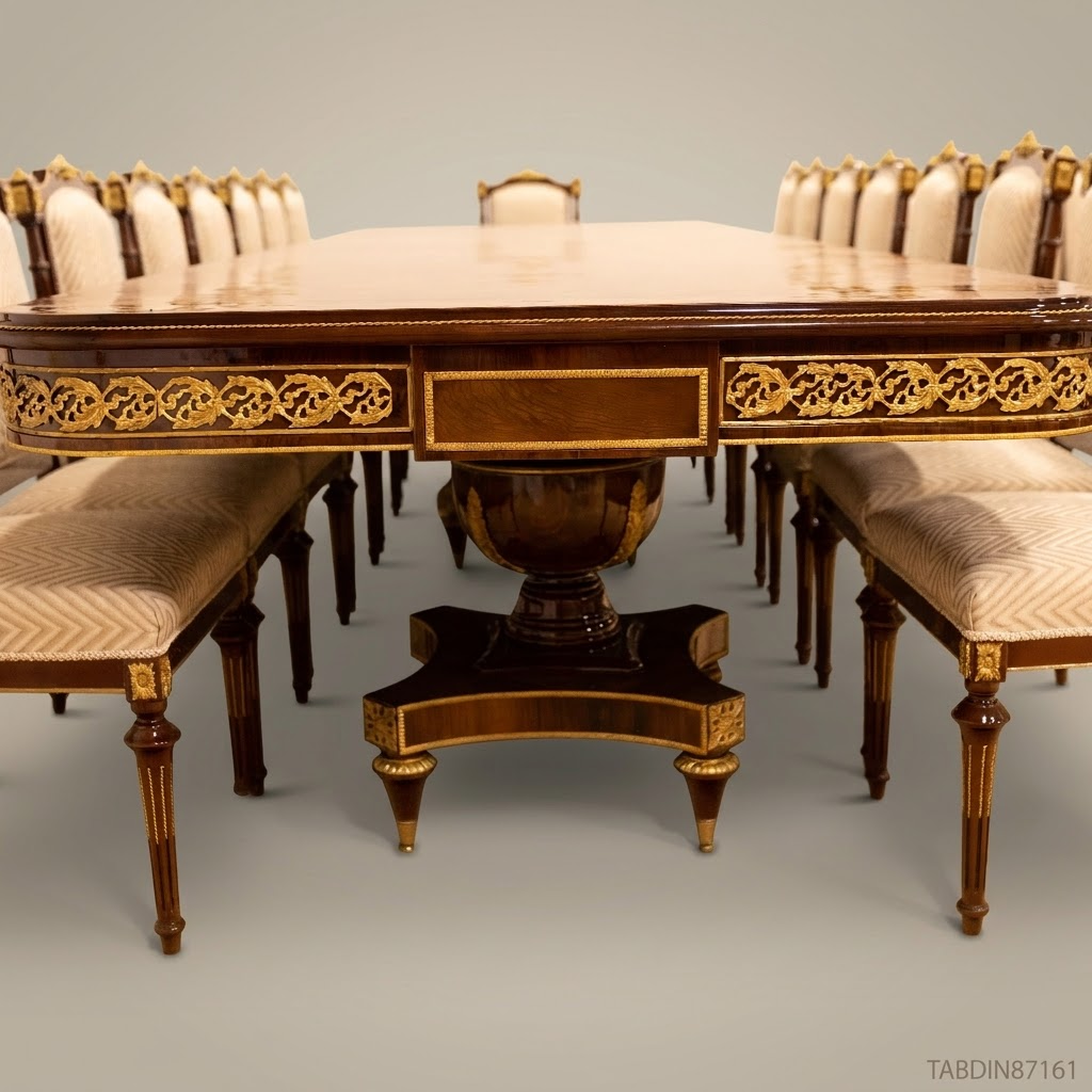 Brass & Wood Empire Burr Wood Dining Table with Gilt Bronze Mounts